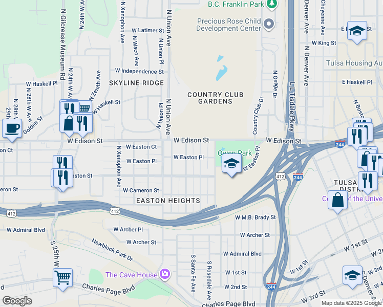 map of restaurants, bars, coffee shops, grocery stores, and more near 543 N Santa Fe Ave in Tulsa