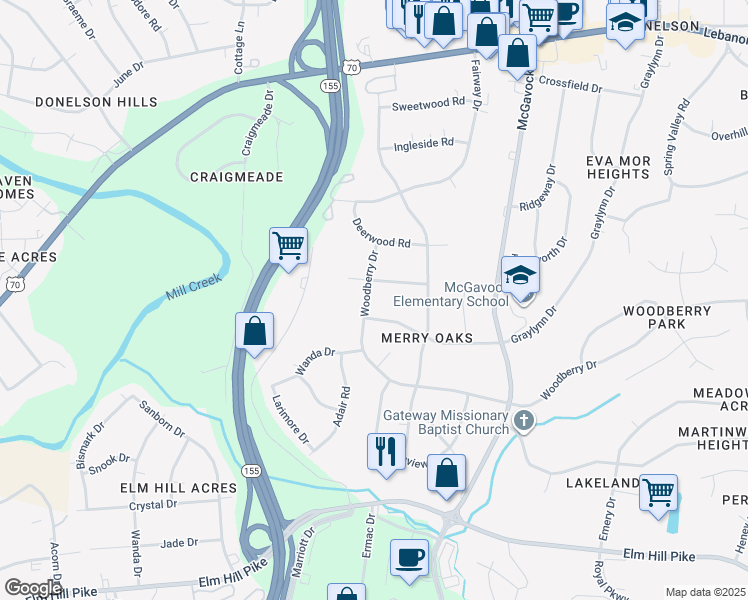 map of restaurants, bars, coffee shops, grocery stores, and more near 309 Woodberry Drive in Nashville