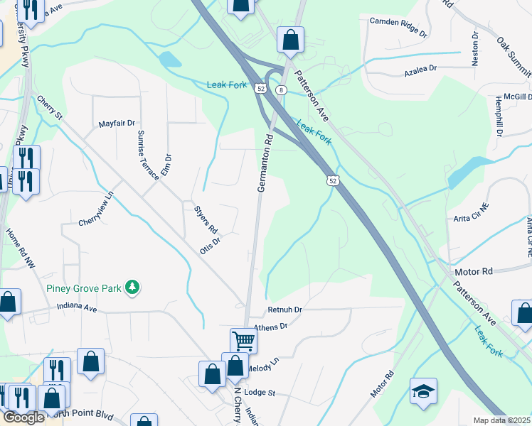 map of restaurants, bars, coffee shops, grocery stores, and more near 4911 Germanton Road in Winston-Salem