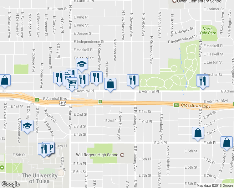 map of restaurants, bars, coffee shops, grocery stores, and more near 3726 East Admiral Place in Tulsa