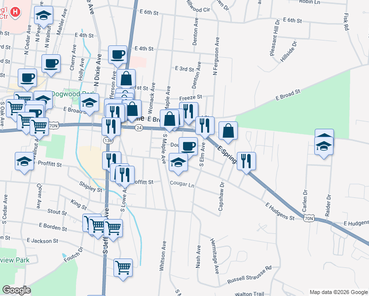 map of restaurants, bars, coffee shops, grocery stores, and more near 605 Douglas Street in Cookeville