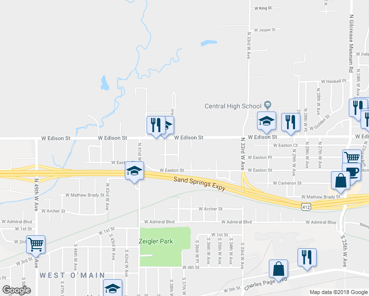 map of restaurants, bars, coffee shops, grocery stores, and more near 543 North 38th West Avenue in Tulsa