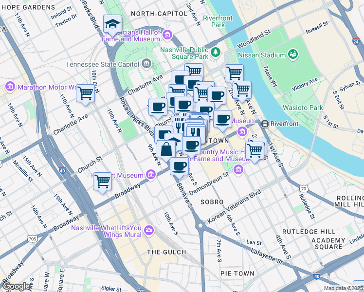 map of restaurants, bars, coffee shops, grocery stores, and more near 118 7th Avenue North in Nashville