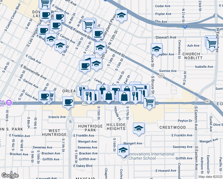map of restaurants, bars, coffee shops, grocery stores, and more near 414 South 16th Street in Las Vegas