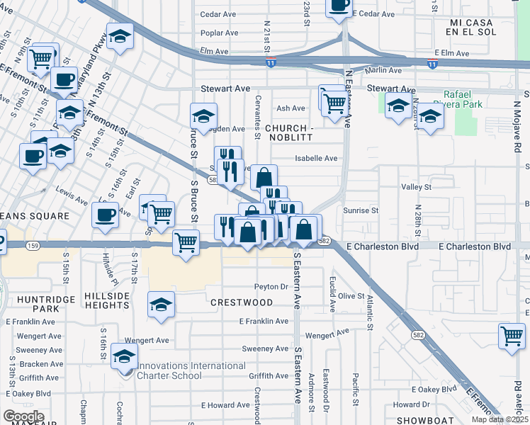 map of restaurants, bars, coffee shops, grocery stores, and more near 2030 East Fremont Street in Las Vegas