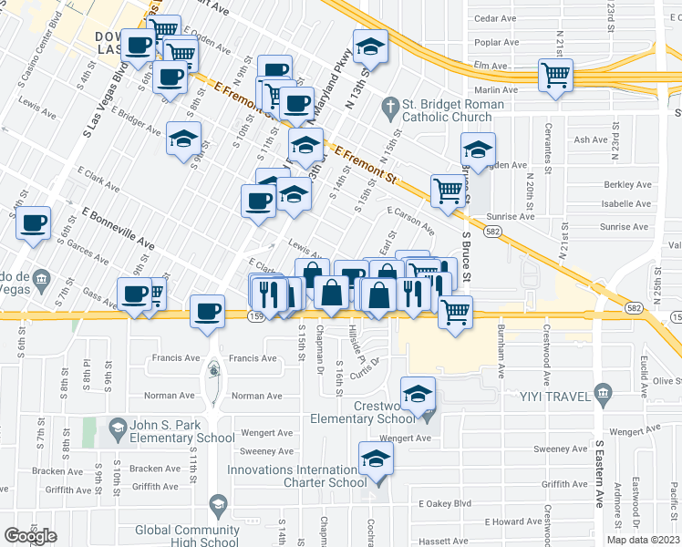 map of restaurants, bars, coffee shops, grocery stores, and more near 414 South 16th Street in Las Vegas