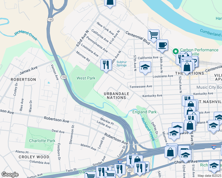 map of restaurants, bars, coffee shops, grocery stores, and more near 5909 Carl Place in Nashville