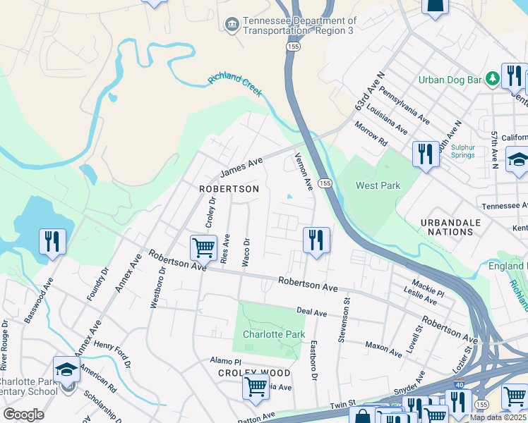 map of restaurants, bars, coffee shops, grocery stores, and more near 633 Nashua Lane in Nashville