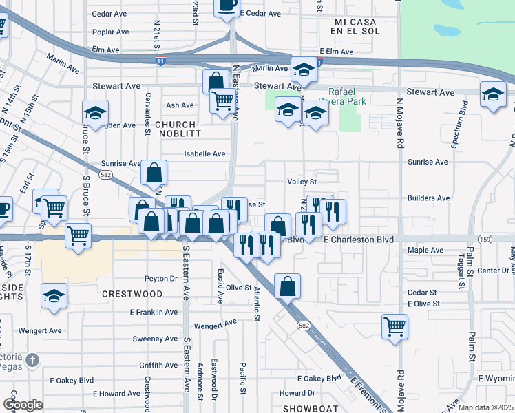 map of restaurants, bars, coffee shops, grocery stores, and more near 2538 Sunrise Street in Las Vegas