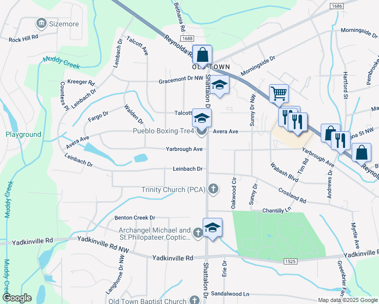 map of restaurants, bars, coffee shops, grocery stores, and more near 3916 Yarbrough Avenue in Winston-Salem