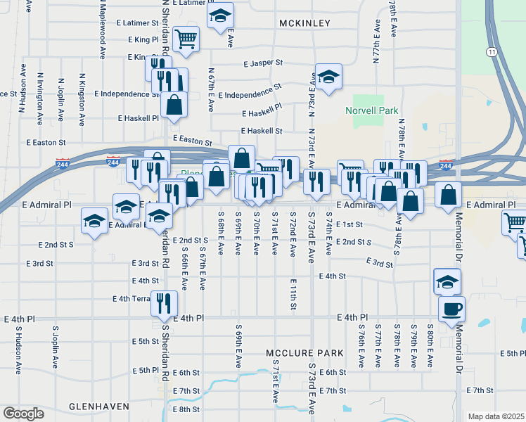 map of restaurants, bars, coffee shops, grocery stores, and more near 7020 East Admiral Place in Tulsa