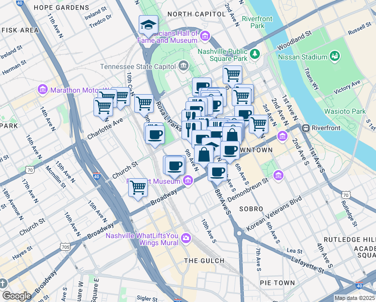 map of restaurants, bars, coffee shops, grocery stores, and more near 160 9th Avenue North in Nashville