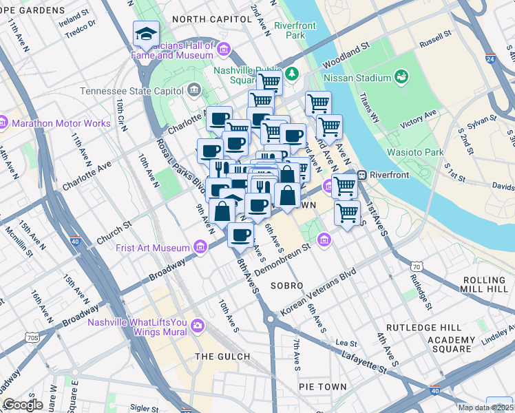 map of restaurants, bars, coffee shops, grocery stores, and more near 600 Broadway in Nashville