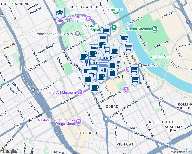 map of restaurants, bars, coffee shops, grocery stores, and more near 118 7th Avenue North in Nashville
