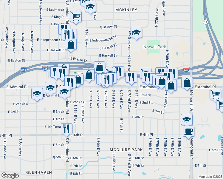 map of restaurants, bars, coffee shops, grocery stores, and more near 7020 East Admiral Place in Tulsa