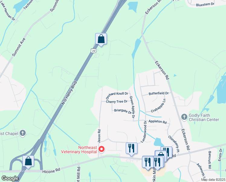 map of restaurants, bars, coffee shops, grocery stores, and more near 3985 Orchard Knoll Drive in Greensboro