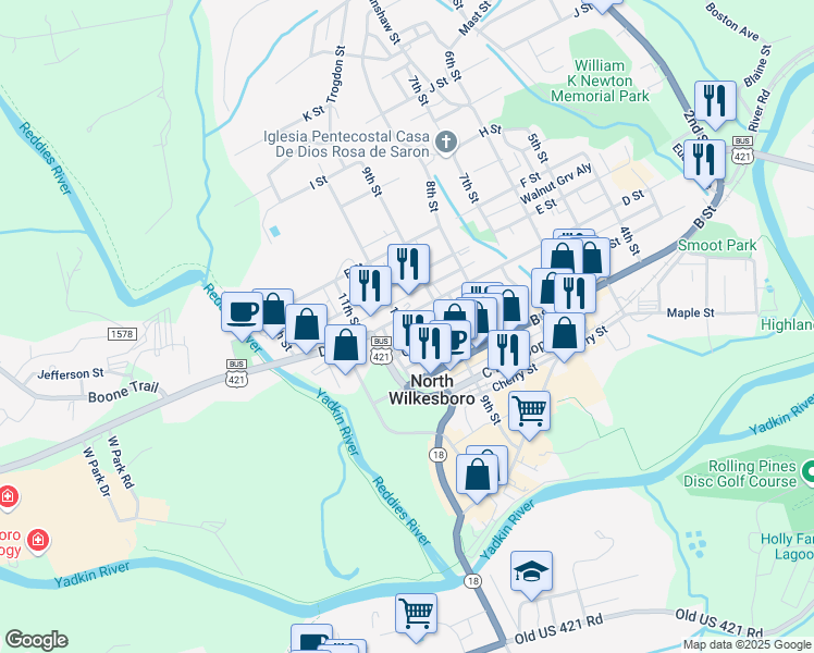 map of restaurants, bars, coffee shops, grocery stores, and more near 348 10th Street in North Wilkesboro