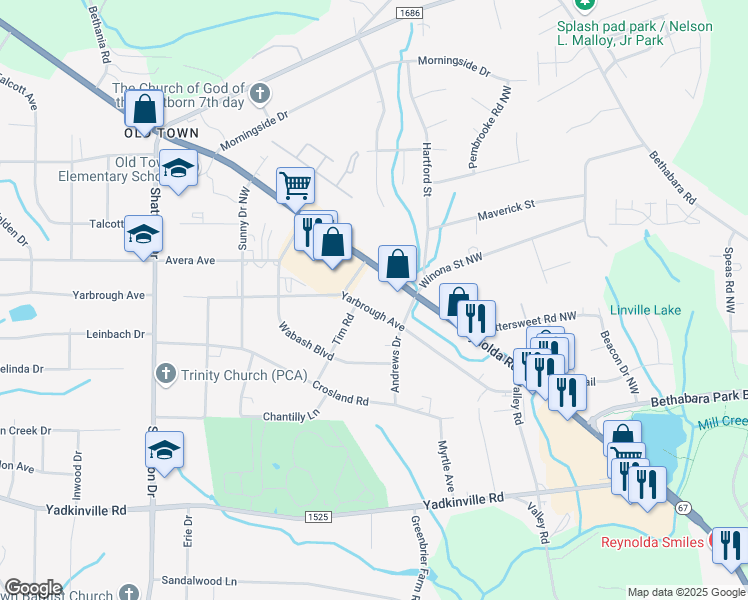 map of restaurants, bars, coffee shops, grocery stores, and more near 3705 Yarbrough Avenue in Winston-Salem