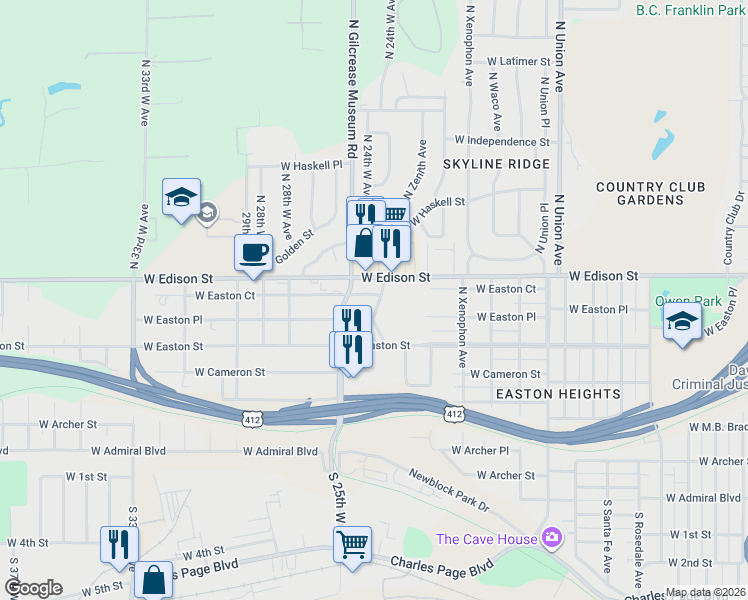 map of restaurants, bars, coffee shops, grocery stores, and more near 2326 West Easton Court in Tulsa