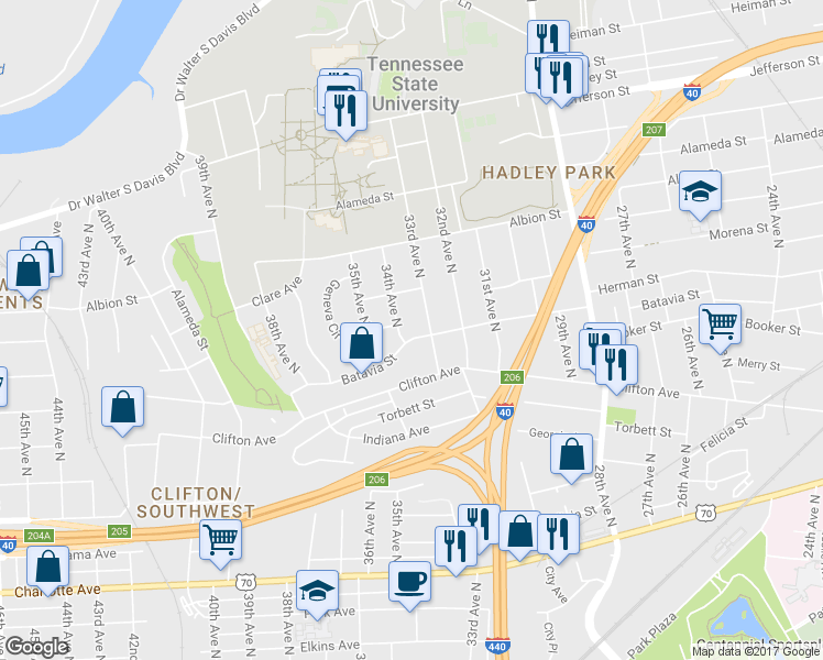 map of restaurants, bars, coffee shops, grocery stores, and more near 3301 Batavia Street in Nashville
