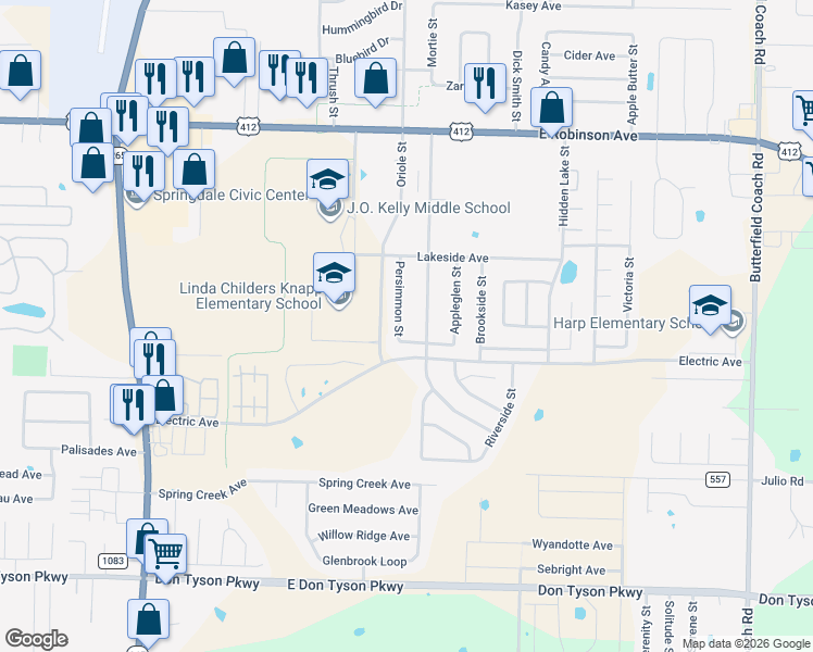 map of restaurants, bars, coffee shops, grocery stores, and more near 2651 Persimmon St in Springdale