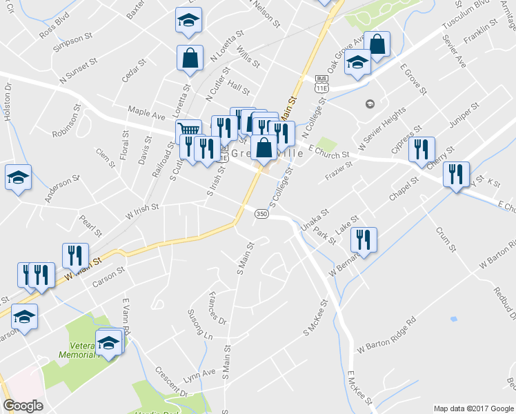 map of restaurants, bars, coffee shops, grocery stores, and more near 211 South Main Street in Greeneville