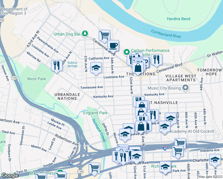 map of restaurants, bars, coffee shops, grocery stores, and more near 5401 Tennessee Avenue in Nashville