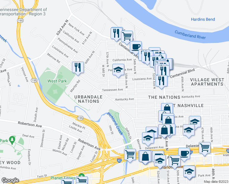 map of restaurants, bars, coffee shops, grocery stores, and more near 5605 Tennessee Avenue in Nashville