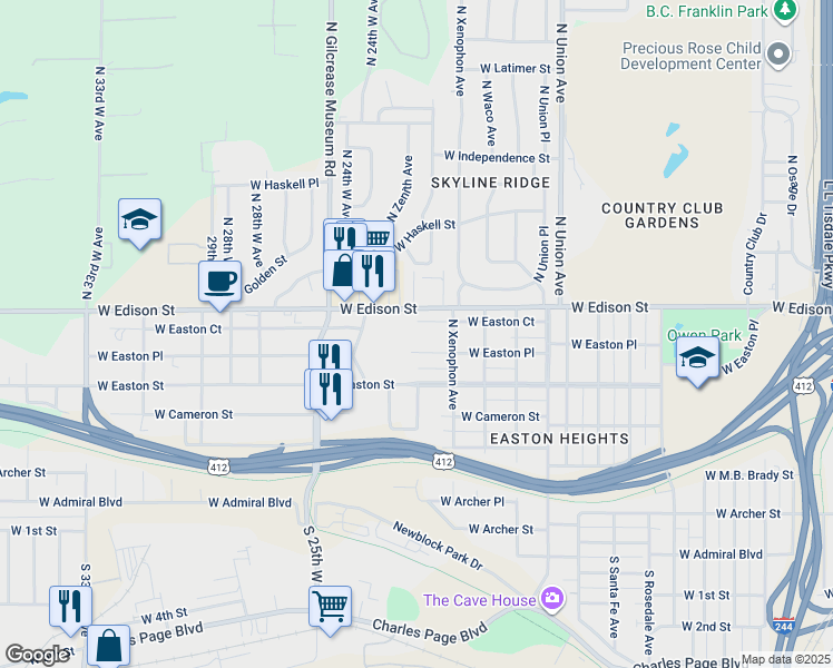 map of restaurants, bars, coffee shops, grocery stores, and more near 2036 West Easton Court in Tulsa