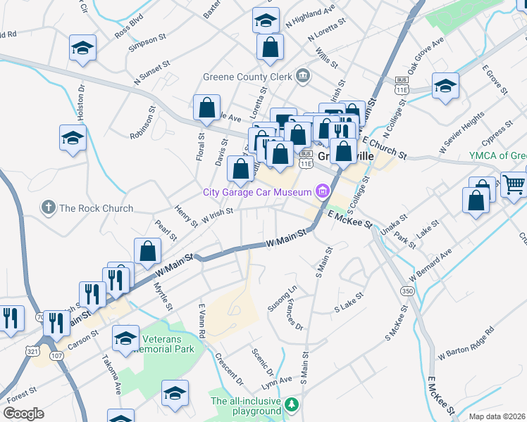 map of restaurants, bars, coffee shops, grocery stores, and more near 407 West Irish Street in Greeneville