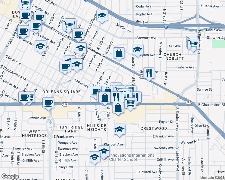 map of restaurants, bars, coffee shops, grocery stores, and more near 255 South 17th Street in Las Vegas