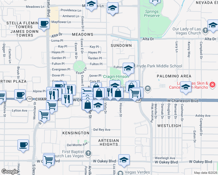 map of restaurants, bars, coffee shops, grocery stores, and more near 931 Bedford Road in Las Vegas