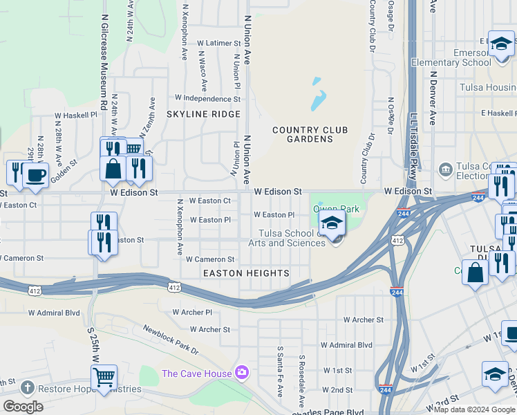 map of restaurants, bars, coffee shops, grocery stores, and more near 545 North Tacoma Avenue in Tulsa