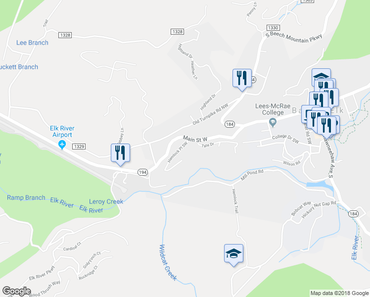 map of restaurants, bars, coffee shops, grocery stores, and more near 391-393 Hemlock Place Southwest in Banner Elk