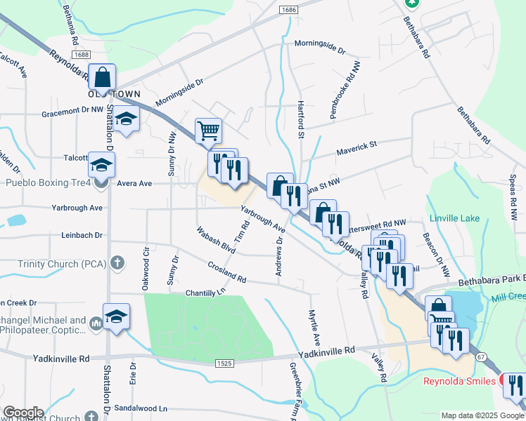 map of restaurants, bars, coffee shops, grocery stores, and more near 3705 Yarbrough Avenue in Winston-Salem