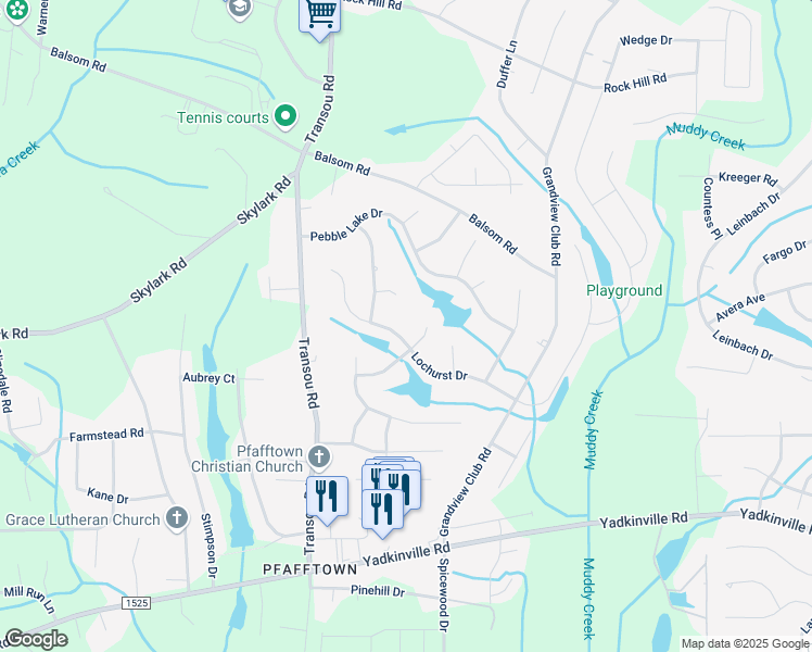 map of restaurants, bars, coffee shops, grocery stores, and more near 3508 Waterway Drive in Pfafftown