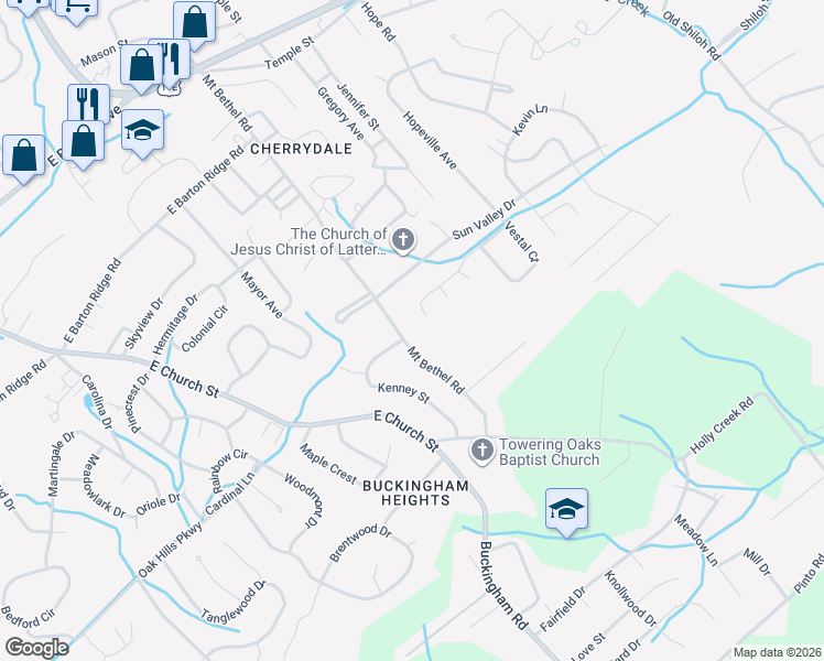 map of restaurants, bars, coffee shops, grocery stores, and more near 601 Mount Bethel Road in Greeneville
