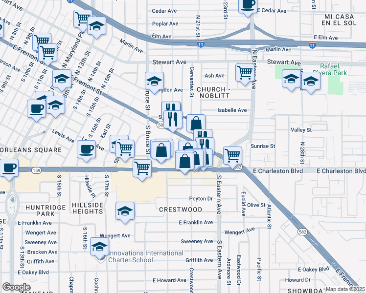 map of restaurants, bars, coffee shops, grocery stores, and more near 2002 Yaupon Avenue in Las Vegas