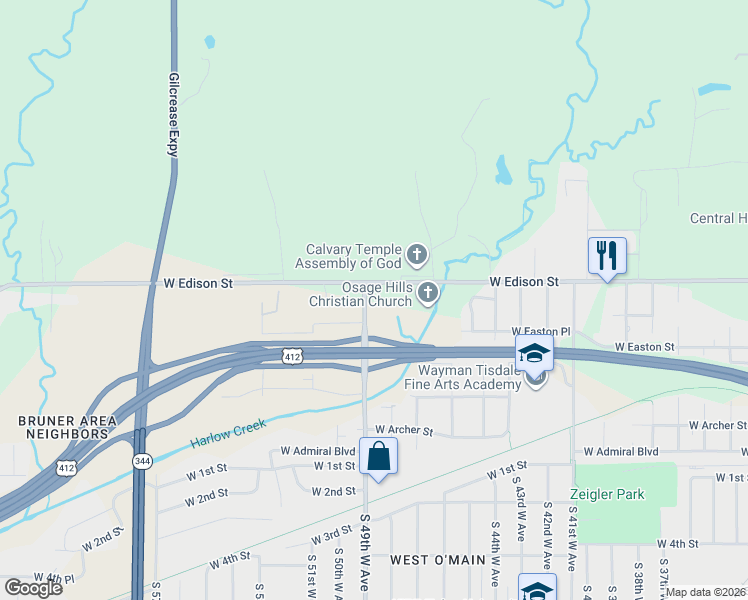 map of restaurants, bars, coffee shops, grocery stores, and more near 537 North 49th West Avenue in Tulsa