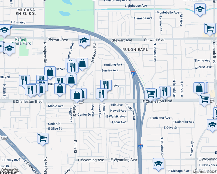 map of restaurants, bars, coffee shops, grocery stores, and more near 3640 Johnson Avenue in Las Vegas