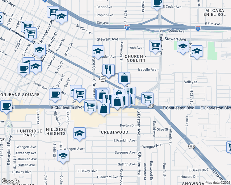 map of restaurants, bars, coffee shops, grocery stores, and more near 2002 Yaupon Avenue in Las Vegas