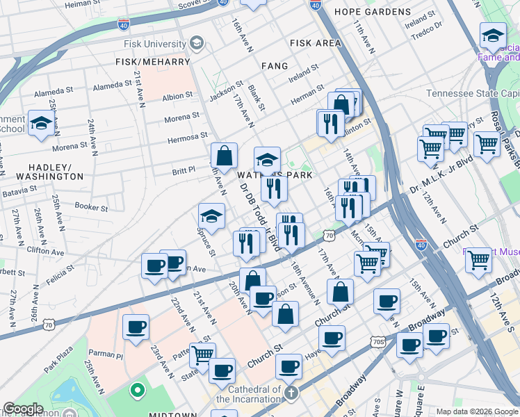 map of restaurants, bars, coffee shops, grocery stores, and more near 1801a Jo Johnston Avenue in Nashville