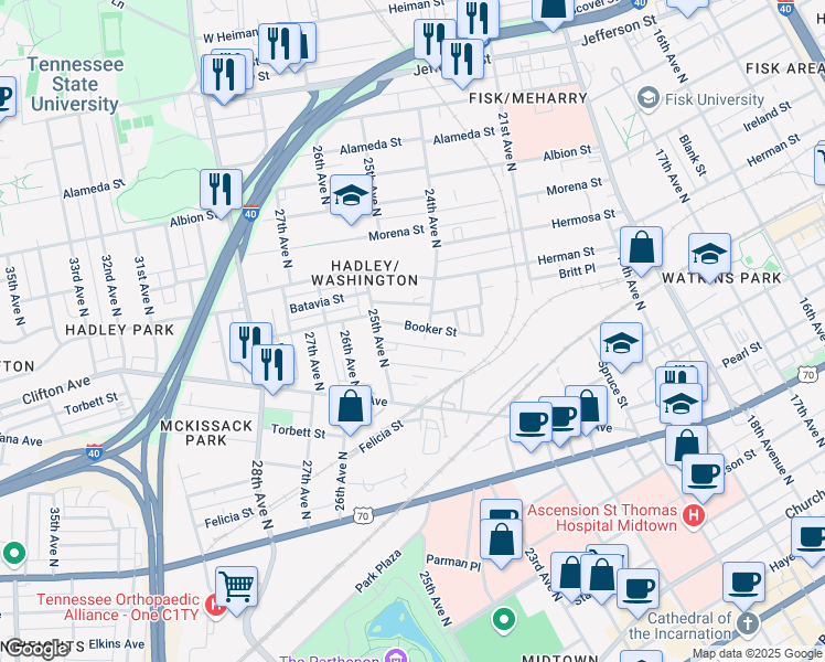 map of restaurants, bars, coffee shops, grocery stores, and more near 2407 Booker Street in Nashville