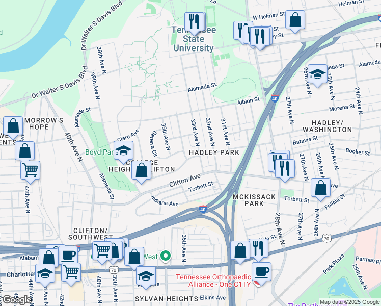 map of restaurants, bars, coffee shops, grocery stores, and more near 3301 Batavia Street in Nashville