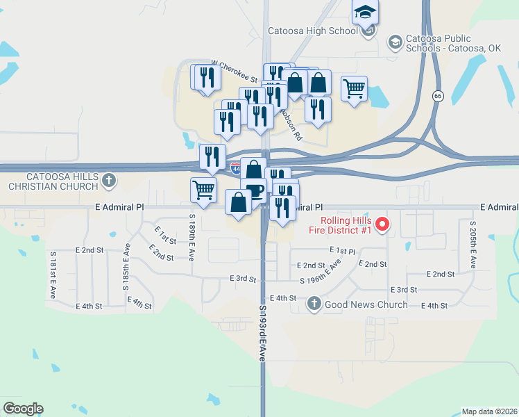 map of restaurants, bars, coffee shops, grocery stores, and more near in Tulsa