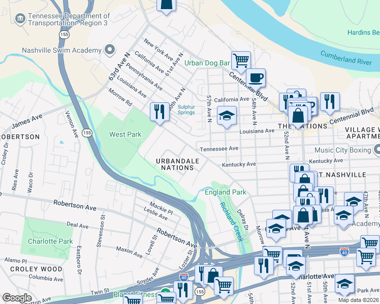 map of restaurants, bars, coffee shops, grocery stores, and more near 5803 Morrow Road in Nashville