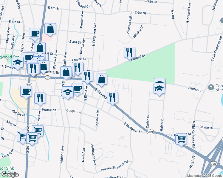 map of restaurants, bars, coffee shops, grocery stores, and more near 800 East Spring Street in Cookeville