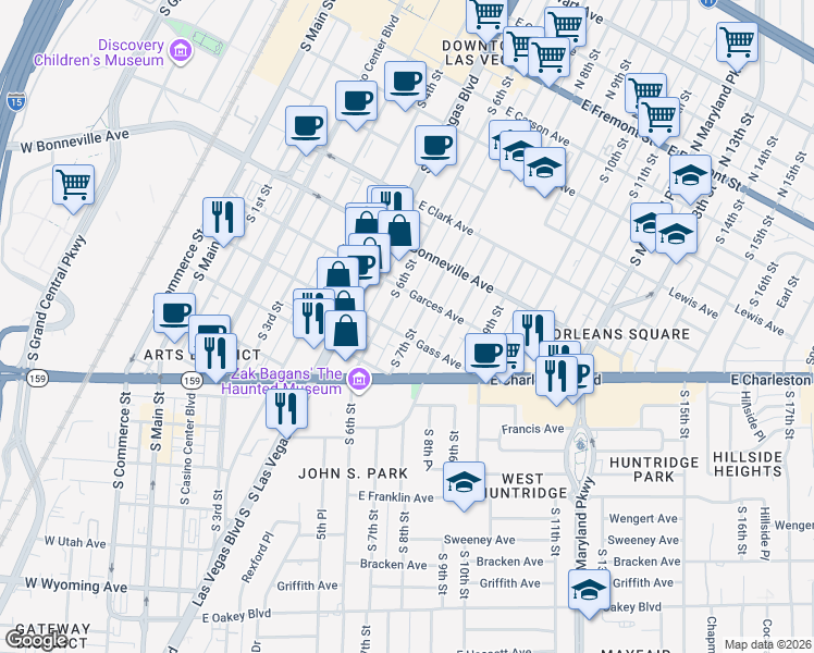 map of restaurants, bars, coffee shops, grocery stores, and more near 731 South 6th Street in Las Vegas