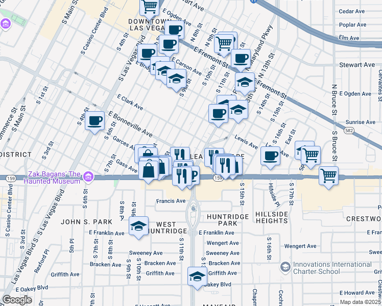 map of restaurants, bars, coffee shops, grocery stores, and more near 1109 East Bonneville Avenue in Las Vegas