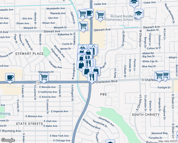 map of restaurants, bars, coffee shops, grocery stores, and more near 80 North Nellis Boulevard in Las Vegas